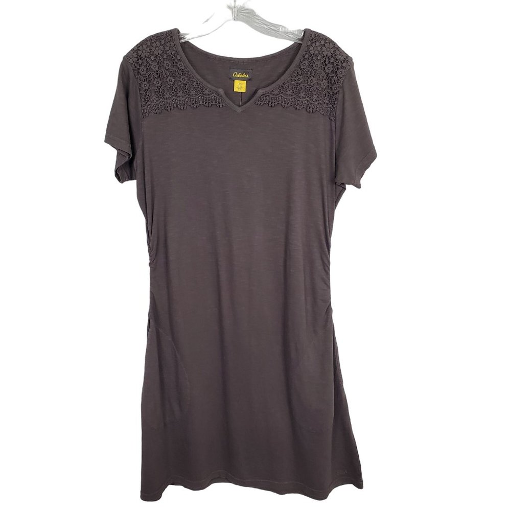 Cabelas NWT Womens Size L Dress Rosemont Side Ruched Cotton Long Lace Brown Gray